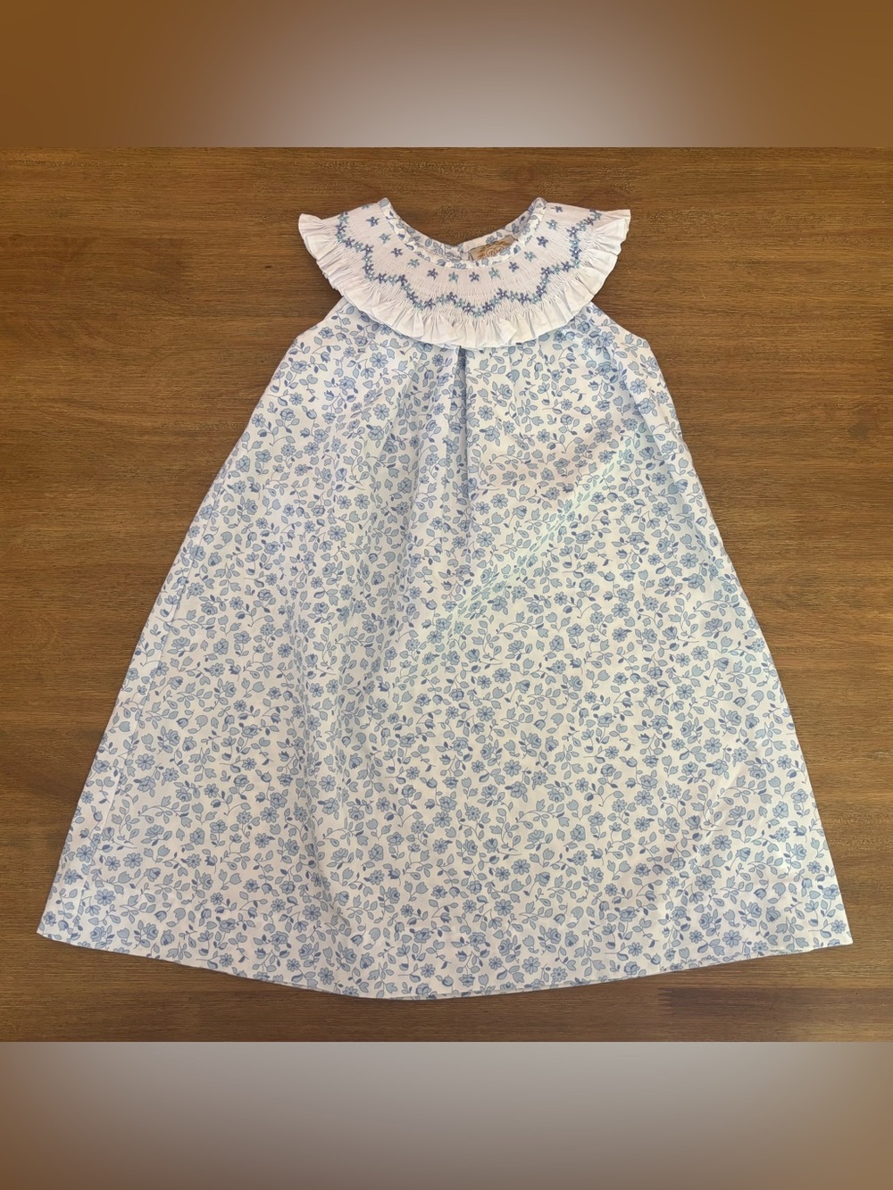 White & Blue Floral Ruffle-Yoke Kids Nightgown